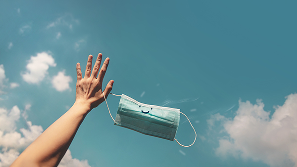Hope Positive Mind Coronavirus Concept Hand Raised Up Smiling Medical Mask Into Blue Sky Gesture Means Goodbye Deep Breathing Fresh Air Hope Positive Mind Coronavirus Concept Hand Raised Up Smiling Medical Mask Into Blue Sky Gesture Means Goodbye Deep Breathing Fresh Air